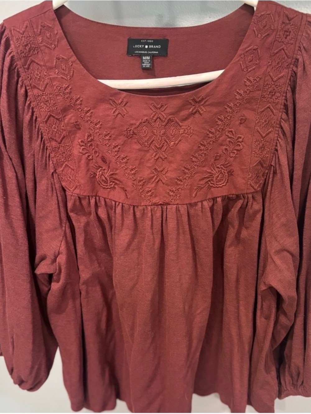 Lucky Brand Embroidered Peasant Top - Rusty Rose